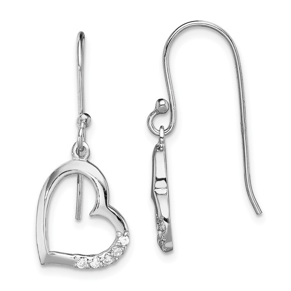 925 Sterling Silver Rhodium-plated CZ (Cubic Zirconia) Heart Dangle Earrings